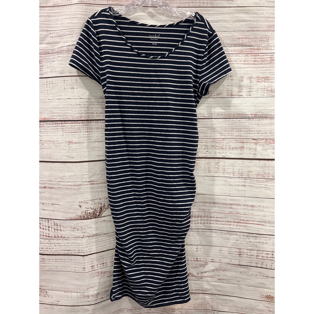 Isabel Maternity Ingrid & Isabel Navy Blue White Striped Ruched T-Shirt Dress M